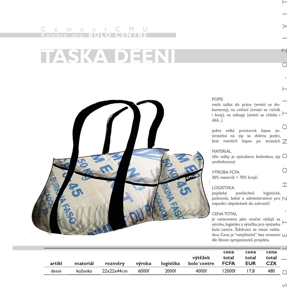 ..) jedna velká prostorná kapsa zavíratelná na zip se dvěma jezdci, šest menších kapes po stranách MATERIÁL tělo tašky je vyztuženo koženkou, zip umělohnotný VÝROBA FCFA 30% materiál + 70% krejčí