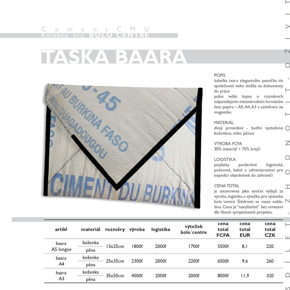 MATERIÁL dvojí provedení - buďto vyztuženo koženkou, nebo pěnou VÝROBA FCFA 30% materiál + 70% krejčí LOGISTIKA poplatky povšechné logistické, poštovné, balné a administrativní pro expedici