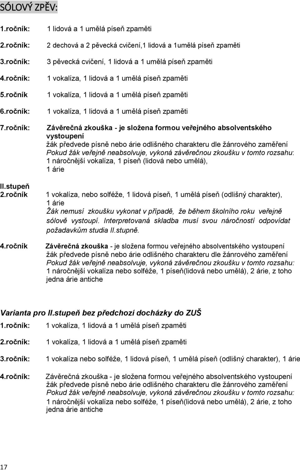 1 vokalíza, 1 lidová a 1 umělá píseň zpaměti 1 vokalíza, 1 lidová a 1 umělá píseň zpaměti Závěrečná zkouška - je složena formou veřejného absolventského vystoupení žák předvede písně nebo árie