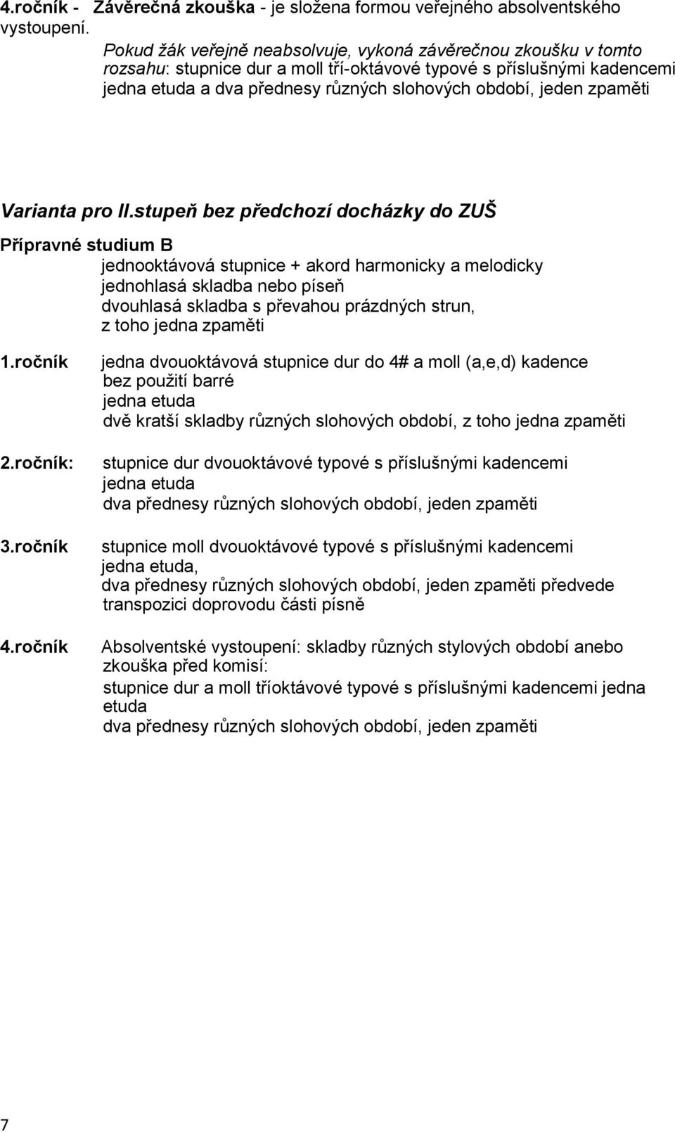 Varianta pro bez předchozí docházky do ZUŠ Přípravné studium B jednooktávová stupnice + akord harmonicky a melodicky jednohlasá skladba nebo píseň dvouhlasá skladba s převahou prázdných strun, z toho