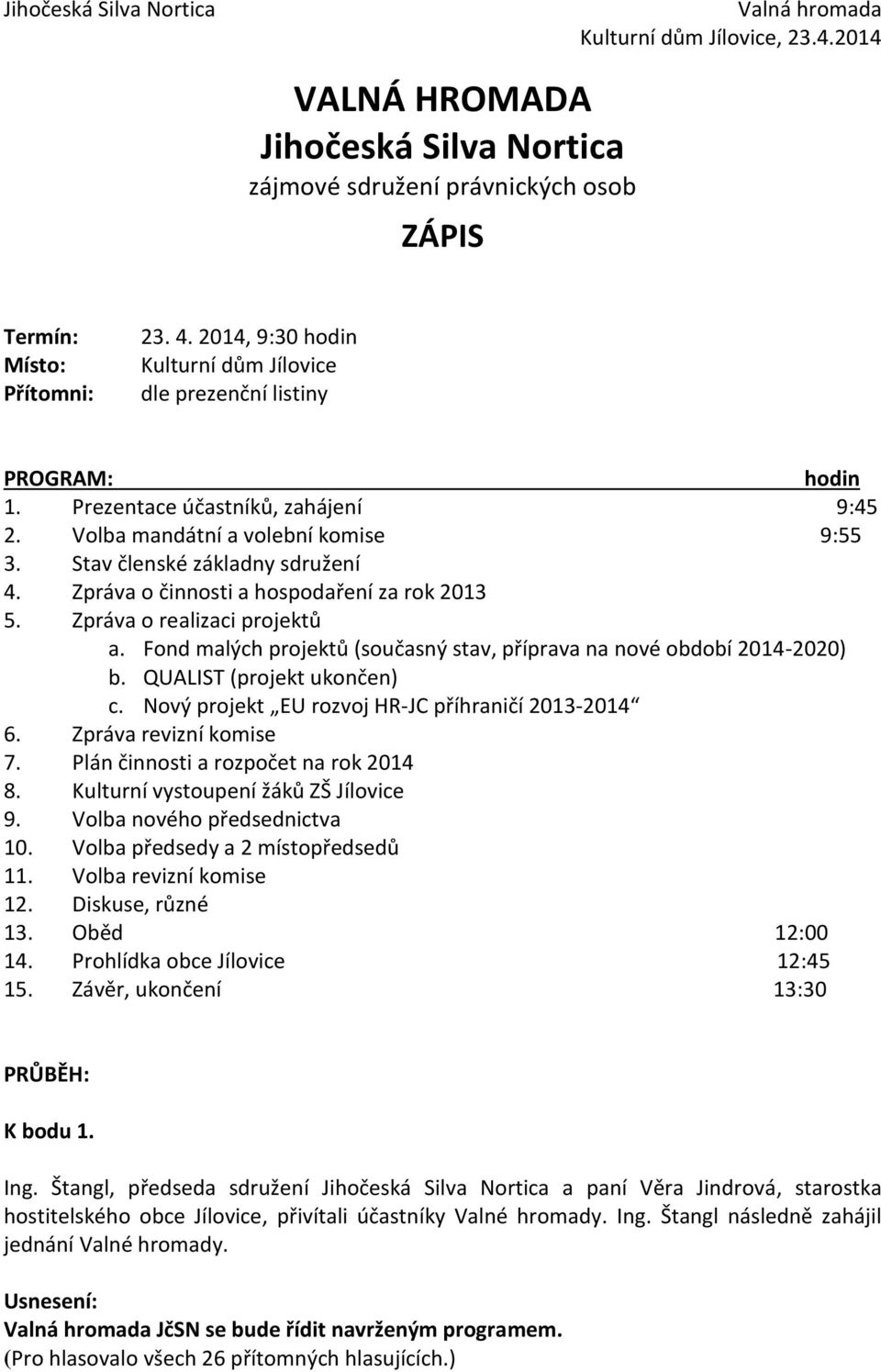 Fond malých projektů (současný stav, příprava na nové období 2014-2020) b. QUALIST (projekt ukončen) c. Nový projekt EU rozvoj HR-JC příhraničí 2013-2014 6. Zpráva revizní komise 7.