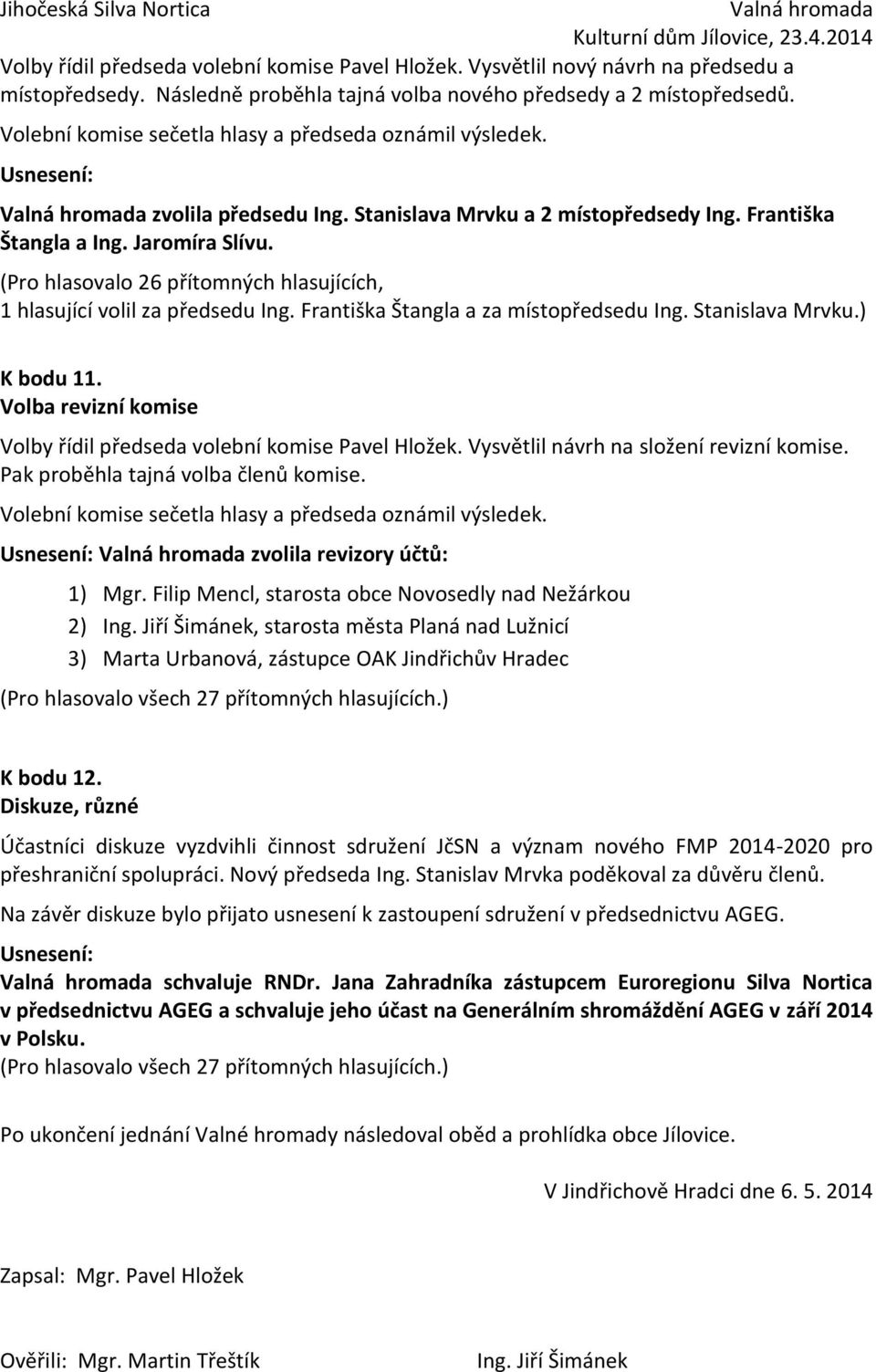 (Pro hlasovalo 26 přítomných hlasujících, 1 hlasující volil za předsedu Ing. Františka Štangla a za místopředsedu Ing. Stanislava Mrvku.) K bodu 11.