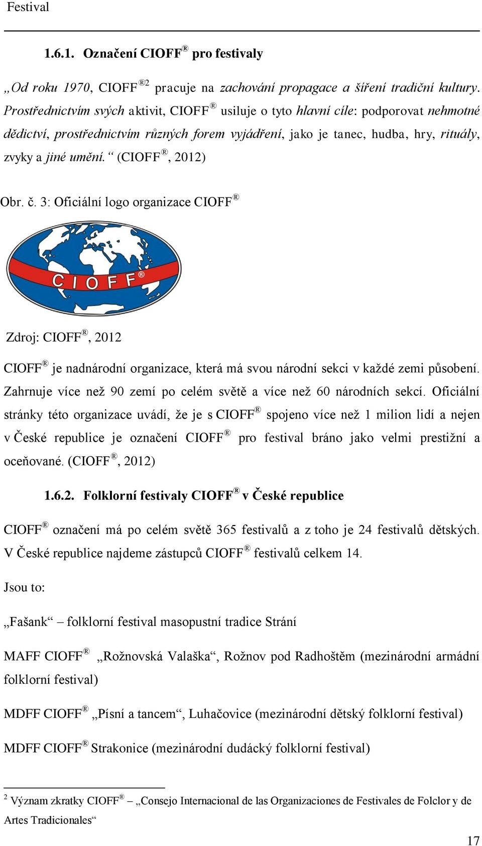 (CIOFF, 2012) Obr. č. 3: Oficiální logo organizace CIOFF Zdroj: CIOFF, 2012 CIOFF je nadnárodní organizace, která má svou národní sekci v každé zemi působení.