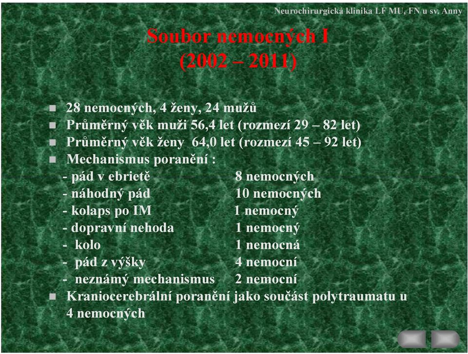 náhodný pád 10 nemocných - kolaps po IM 1 nemocný - dopravní nehoda 1 nemocný - kolo 1 nemocná - pád z