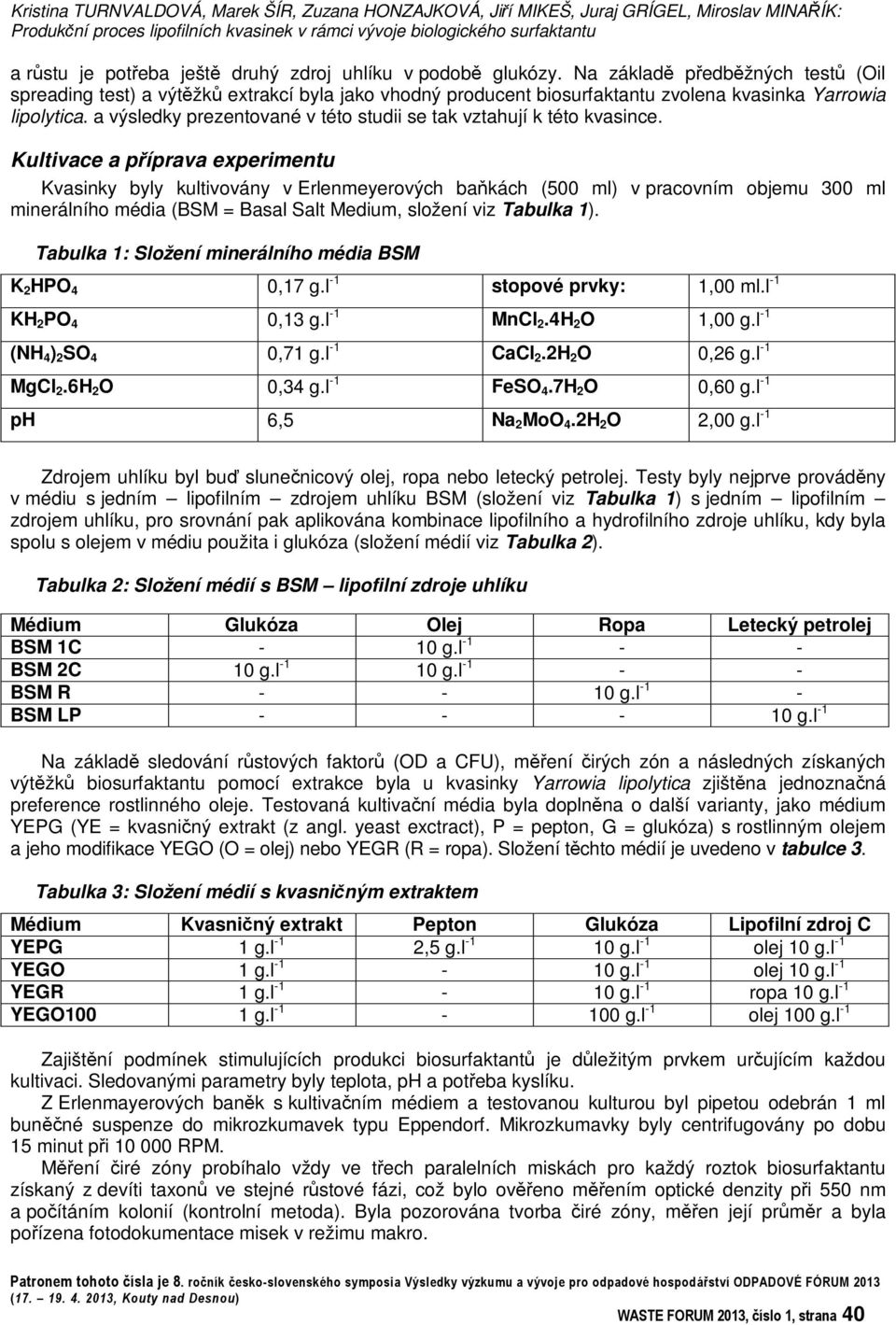 Kultivace a píprava experimentu Kvasinky byly kultivovány v Erlenmeyerových bakách (500 ml) v pracovním objemu 300 ml minerálního média (BSM = Basal Salt Medium, složení viz Tabulka 1).