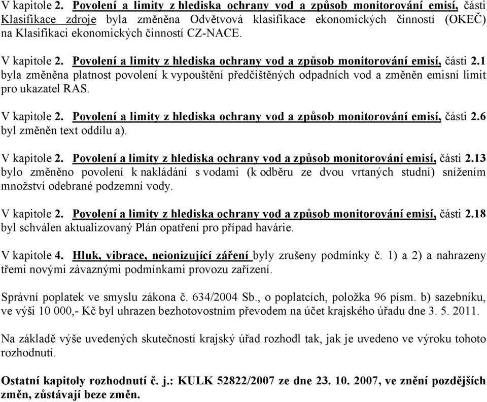 CZ-NACE.  Povolení a limity z hlediska ochrany vod a způsob monitorování emisí, části 2.