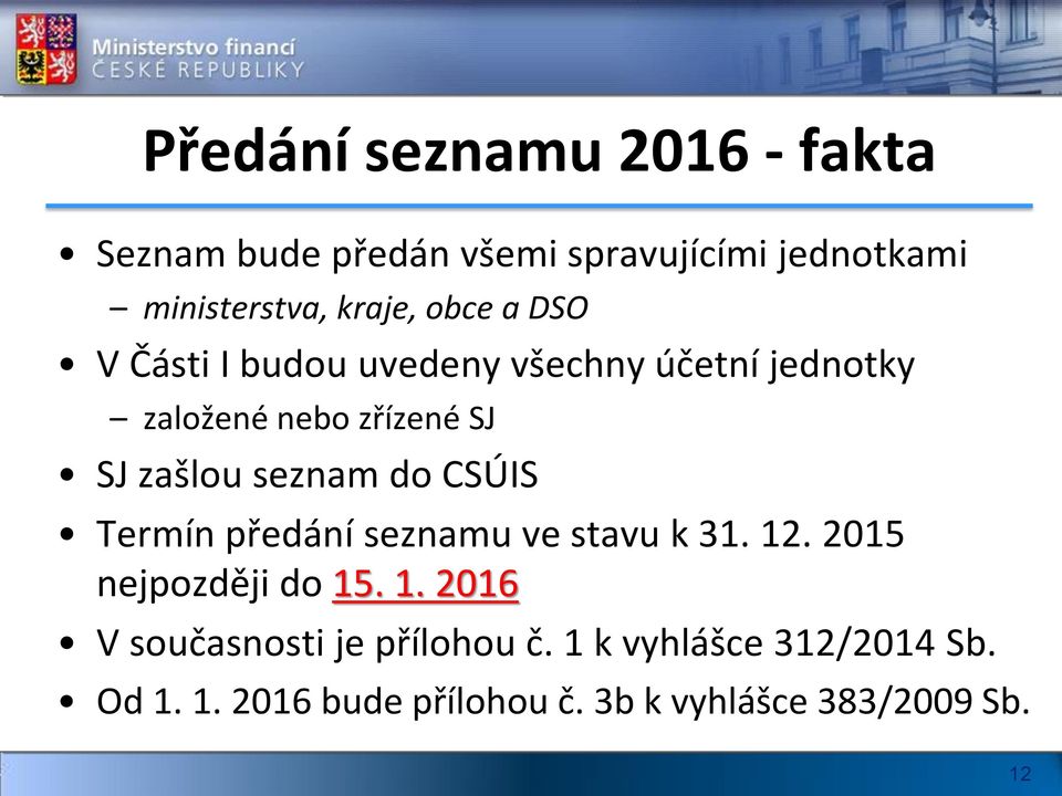 seznam do CSÚIS Termín předání seznamu ve stavu k 31. 12. 2015 nejpozději do 15. 1. 2016 V současnosti je přílohou č.