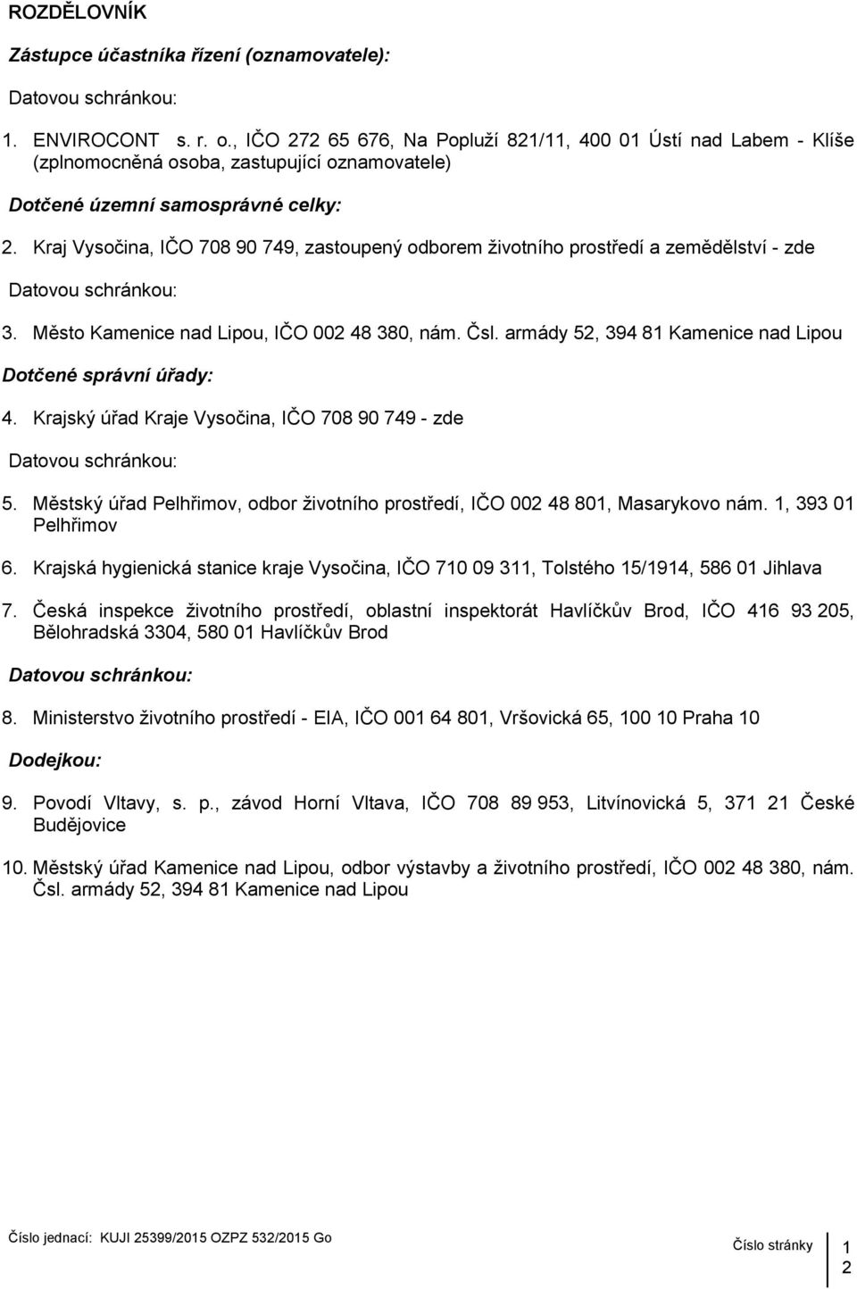 Kraj Vysočina, IČO 708 90 749, zastoupený odborem životního prostředí a zemědělství - zde Datovou schránkou: 3. Město Kamenice nad Lipou, IČO 002 48 380, nám. Čsl.