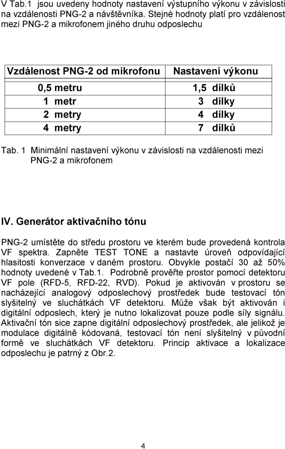 Tab. 1 Minimální nastavení výkonu v závislosti na vzdálenosti mezi PNG-2 a mikrofonem IV. Generátor aktivačního tónu PNG-2 umístěte do středu prostoru ve kterém bude provedená kontrola VF spektra.