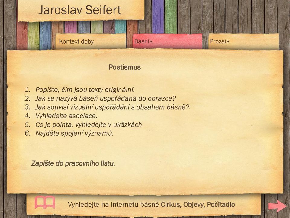 Jak souvisí vizuální uspořádání s obsahem básně? 4. Vyhledejte asociace. 5.