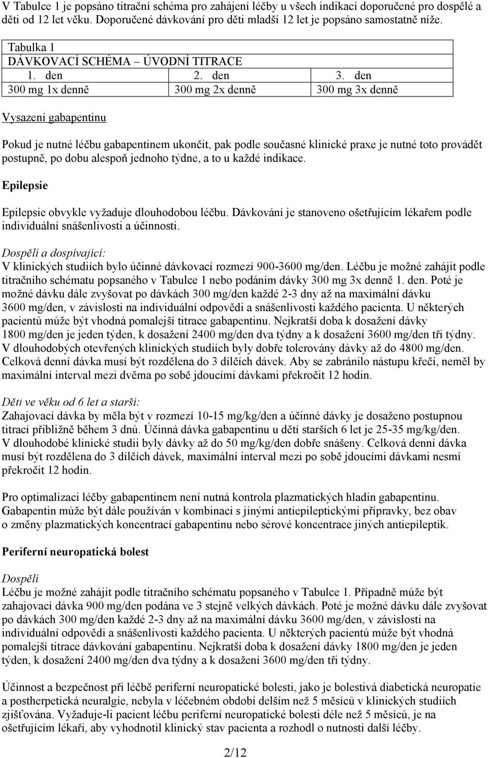 den 300 mg 1x denně 300 mg 2x denně 300 mg 3x denně Vysazení gabapentinu Pokud je nutné léčbu gabapentinem ukončit, pak podle současné klinické praxe je nutné toto provádět postupně, po dobu alespoň