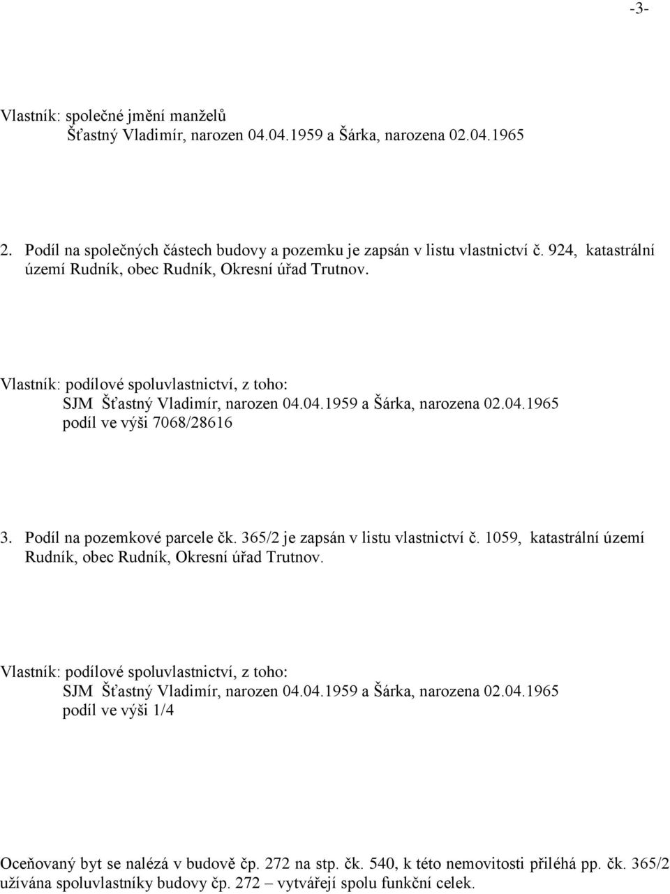 Podíl na pozemkové parcele čk. 365/2 je zapsán v listu vlastnictví č. 1059, katastrální území Rudník, obec Rudník, Okresní úřad Trutnov.