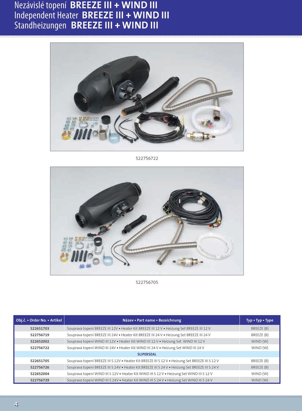 Heater Kit BREEZE III 24 V Heizung Set BREEZE III 24 V BREEZE (B) 522652002 Souprava topení WIND III 12V Heater Kit WIND III 12 V Heizung Set WIND III 12 V WIND (W) 522756722 Souprava topení WIND III