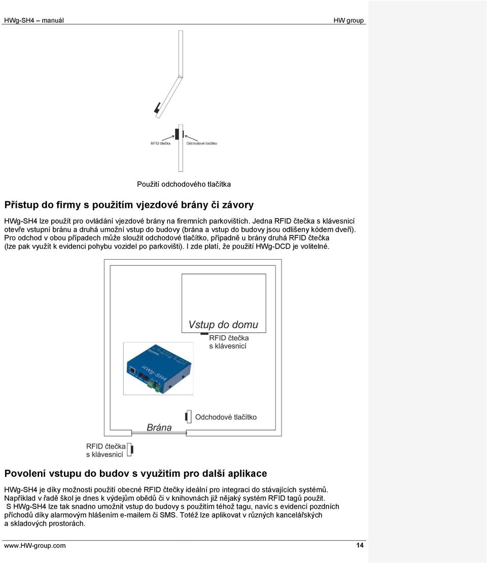 Pro odchod v obou případech může sloužit odchodové tlačítko, případně u brány druhá RFID čtečka (lze pak využít k evidenci pohybu vozidel po parkovišti). I zde platí, že použití HWg-DCD je volitelné.