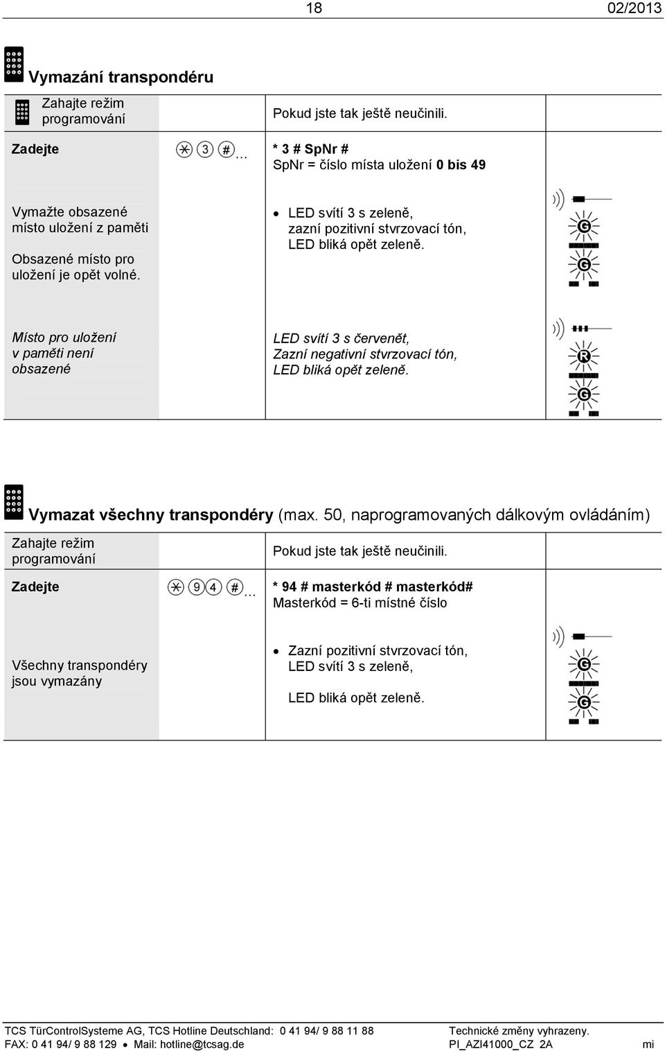 LED svítí 3 s zeleně, zazní pozitivní stvrzovací tón, LED bliká opět zeleně.