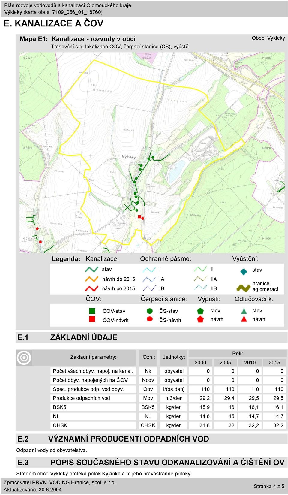 Základní parametry: Ozn.: Jednotky: 2000 2005 2010 2015 Počet všech obyv. napoj. na kanal. Nk obyvatel 0 0 0 0 Počet obyv. napojených na ČOV Ncov obyvatel 0 0 0 0 Spec. produkce odp. vod obyv.