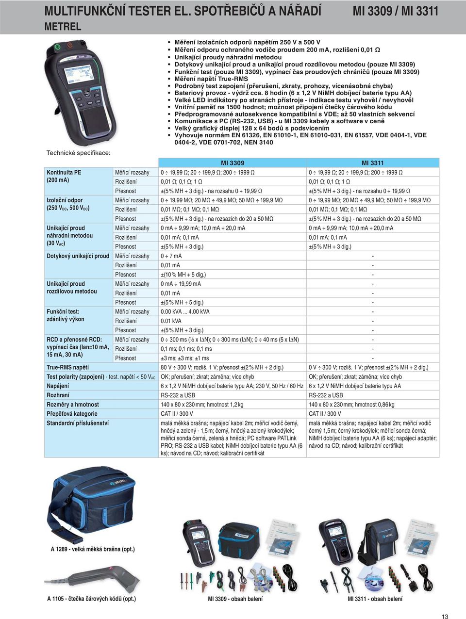 rozlišení 0,0 Unikající proudy náhradní metodou Dotykový unikající proud a unikající proud rozdílovou metodou (pouze MI 3309) Funkční test (pouze MI 3309), vypínací čas proudových chráničů (pouze MI