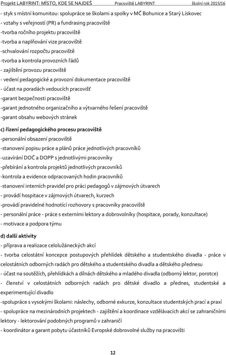 pracovišť -garant bezpečnosti pracoviště -garant jednotného organizačního a výtvarného řešení pracoviště -garant obsahu webových stránek c) řízení pedagogického procesu pracoviště -personální