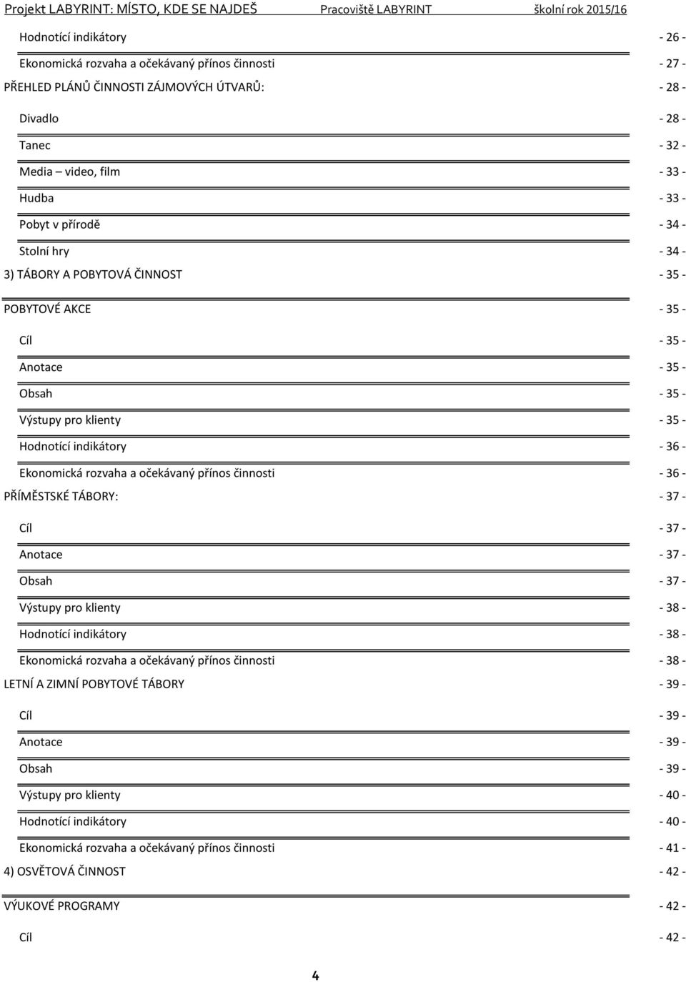 Ekonomická rozvaha a očekávaný přínos činnosti - 36 - PŘÍMĚSTSKÉ TÁBORY: - 37 - Cíl - 37 - Anotace - 37 - Obsah - 37 - Výstupy pro klienty - 38 - Hodnotící indikátory - 38 - Ekonomická rozvaha a