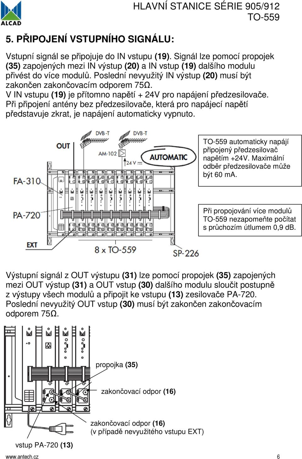 V IN vstupu (19) je přítomno napětí + 24V pro napájení předzesilovače. Při připojení antény bez předzesilovače, která pro napájecí napětí představuje zkrat, je napájení automaticky vypnuto.