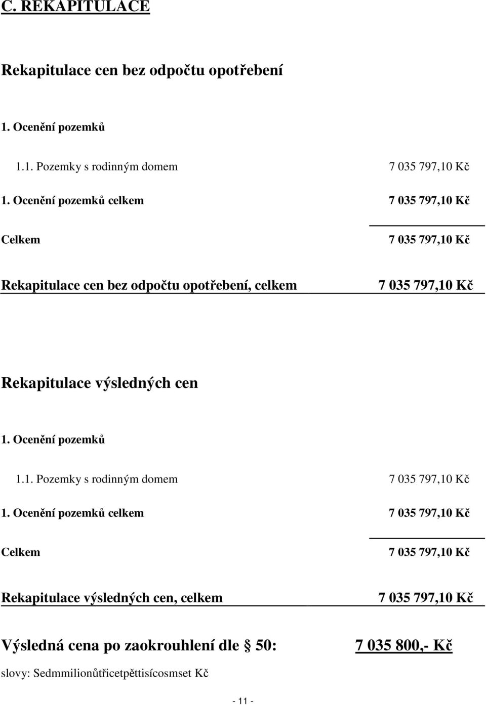 výsledných cen 1. Ocenění pozemků 1.1. Pozemky s rodinným domem 7 035 797,10 Kč 1.