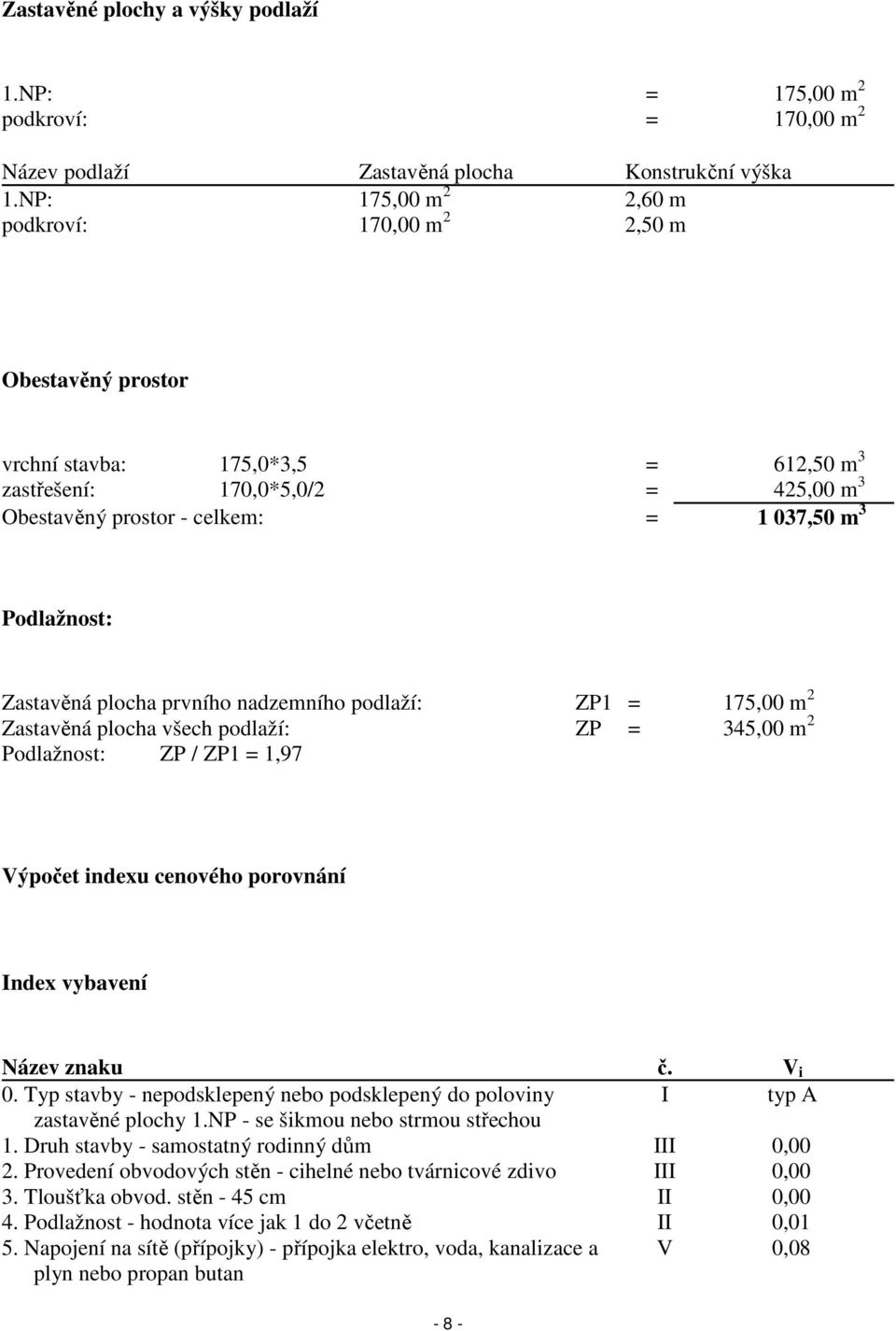 Zastavěná plocha prvního nadzemního podlaží: ZP1 = 175,00 m 2 Zastavěná plocha všech podlaží: ZP = 345,00 m 2 Podlažnost: ZP / ZP1 = 1,97 Výpočet indexu cenového porovnání Index vybavení Název znaku