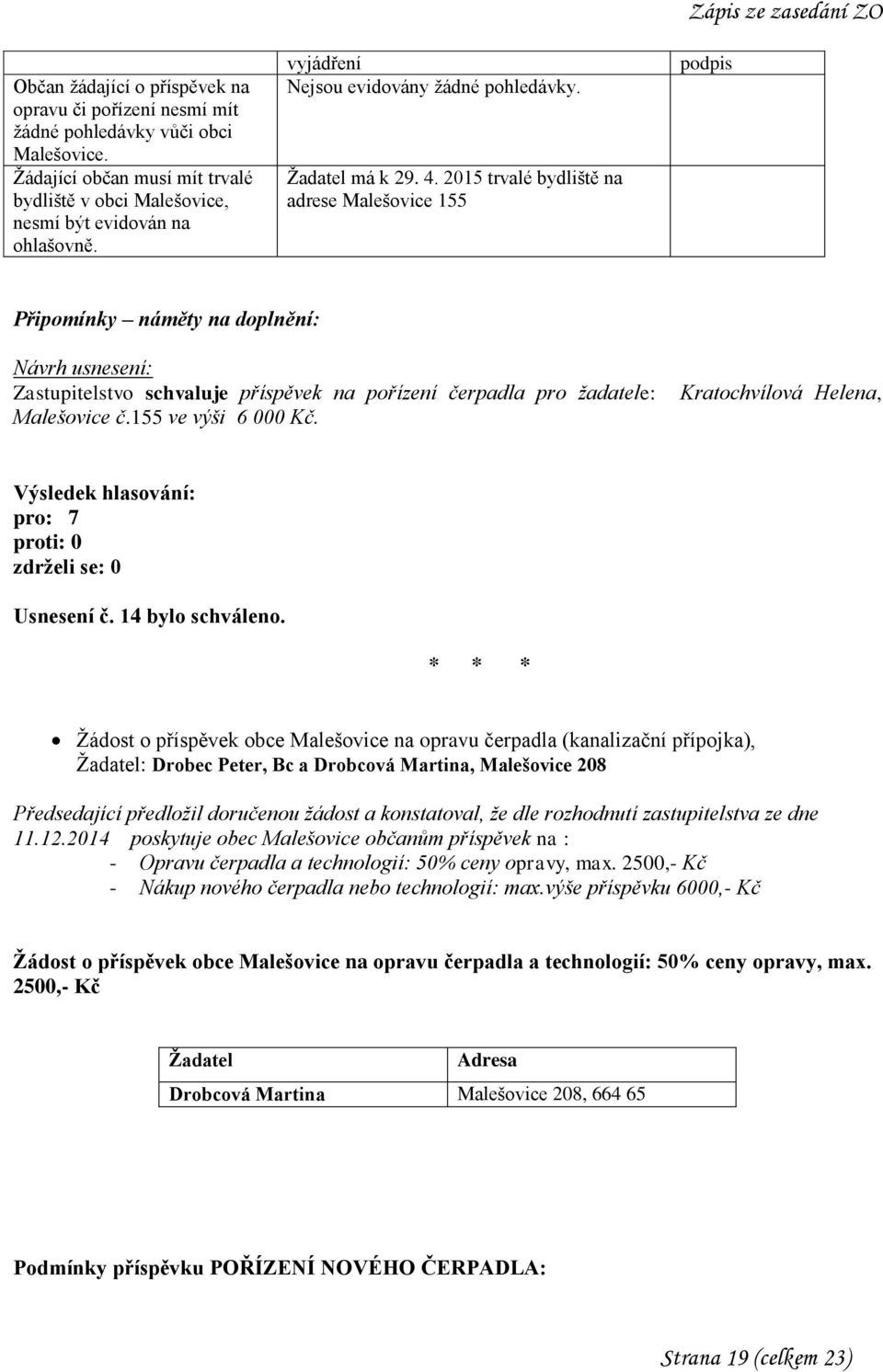 2015 trvalé bydliště na adrese Malešovice 155 Zápis ze zasedání ZO podpis Zastupitelstvo schvaluje příspěvek na pořízení čerpadla pro žadatele: Malešovice č.155 ve výši 6 000 Kč.