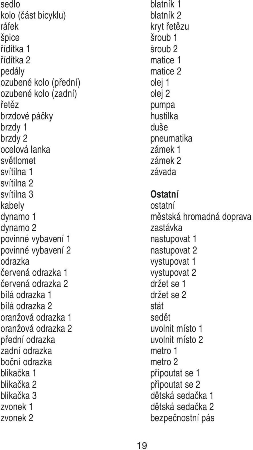 odrazka boční odrazka blikačka 1 blikačka 2 blikačka 3 zvonek 1 zvonek 2 blatník 1 blatník 2 kryt řetězu šroub 1 šroub 2 matice 1 matice 2 olej 1 olej 2 pumpa hustilka duše pneumatika zámek 1 zámek 2