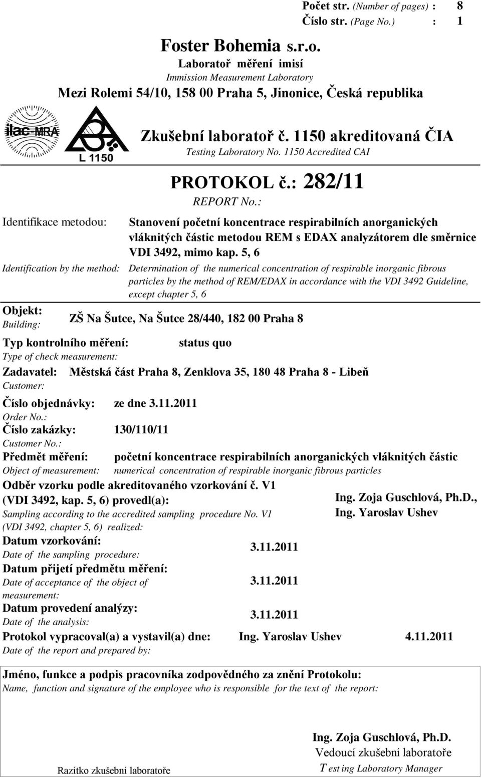 5, 6 Determination of the numerical concentration of respirable inorganic fibrous particles by the method of REM/EDAX in accordance with the VDI 3492 Guideline, except chapter 5, 6 Typ kontrolního