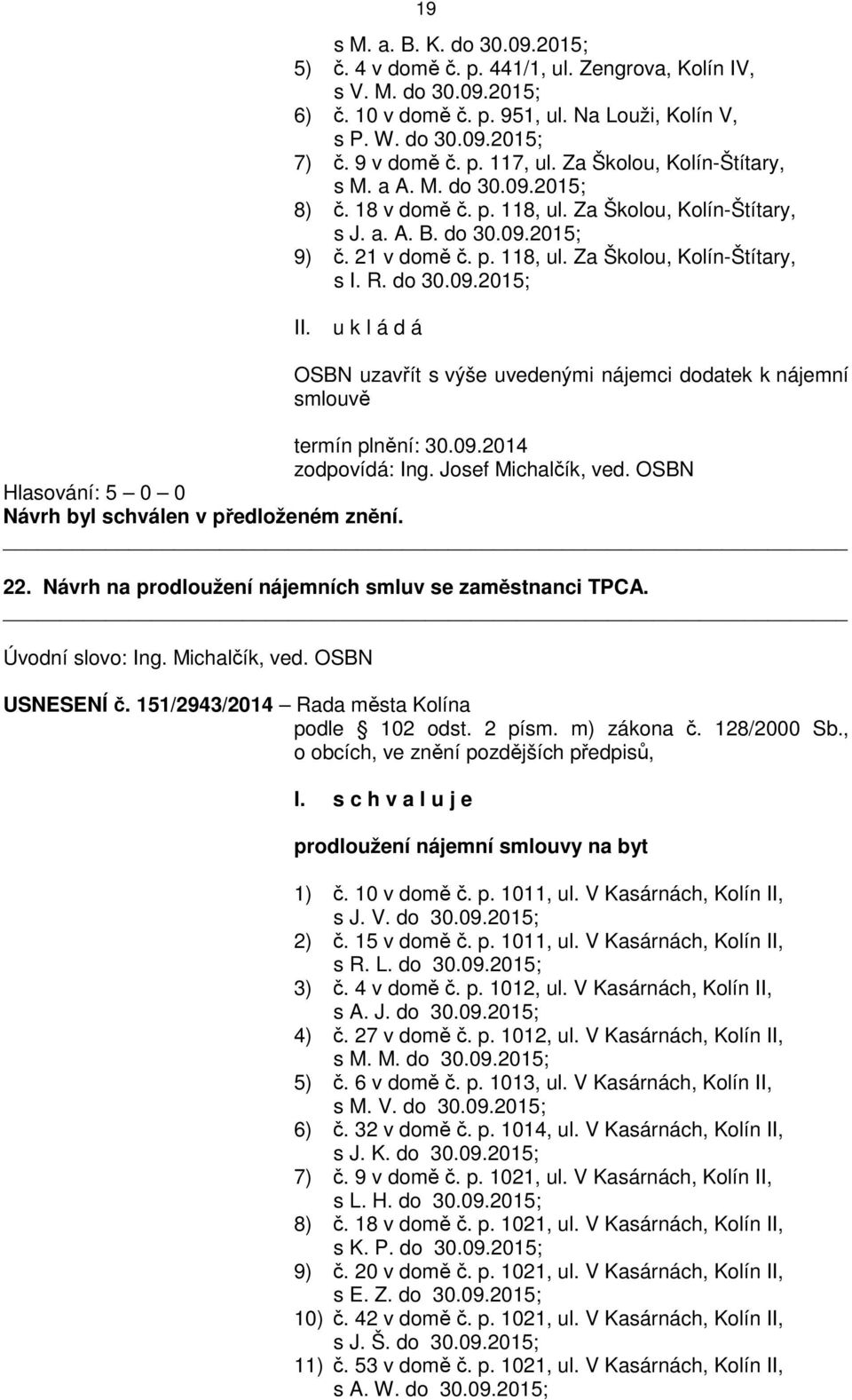 R. do 30.09.2015; OSBN uzavřít s výše uvedenými nájemci dodatek k nájemní smlouvě termín plnění: 30.09.2014 zodpovídá: Ing. Josef Michalčík, ved. OSBN 22.