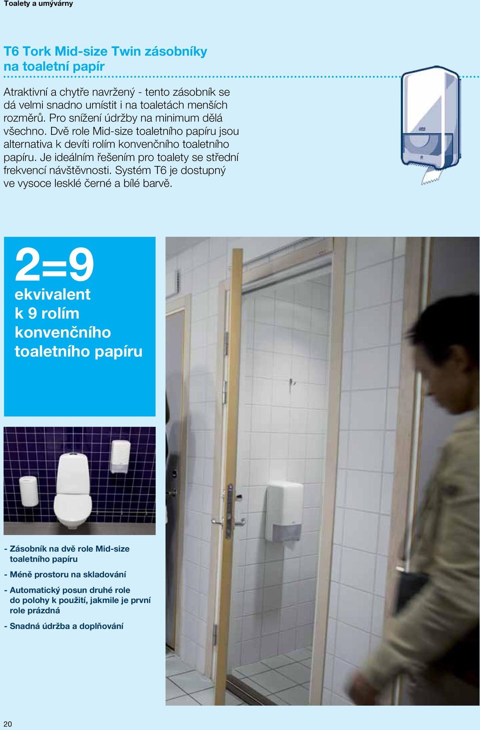 Je ideálním řešením pro toalety se střední frekvencí návštěvnosti. Systém T6 je dostupný ve vysoce lesklé černé a bílé barvě.