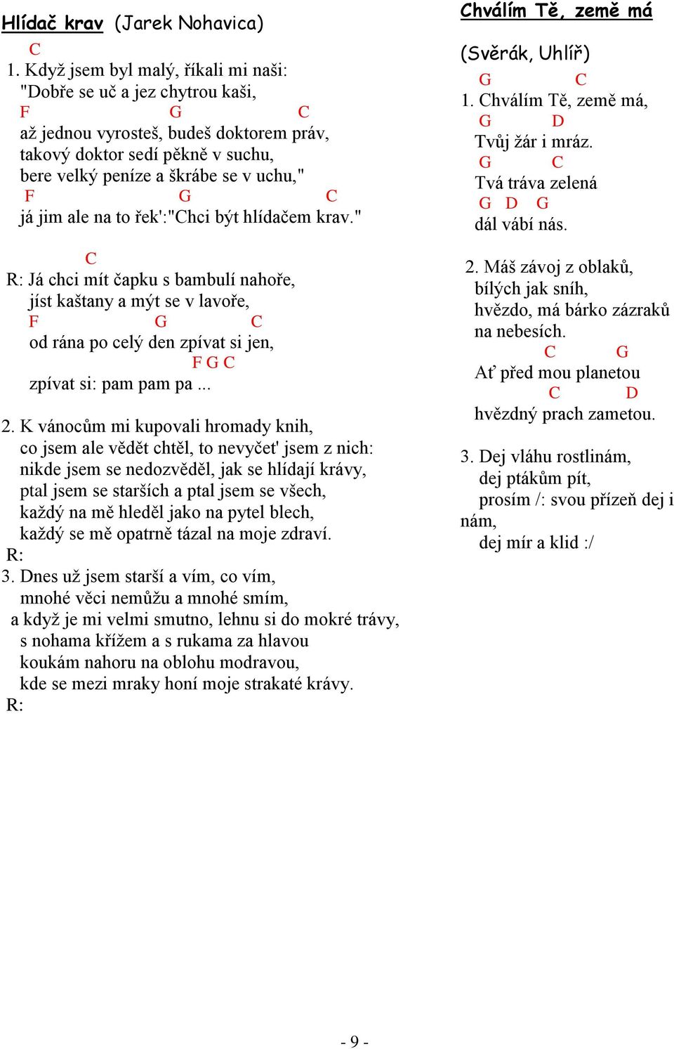 to řek':"hci být hlídačem krav." Já chci mít čapku s bambulí nahoře, jíst kaštany a mýt se v lavoře, F od rána po celý den zpívat si jen, F zpívat si: pam pam pa... 2.