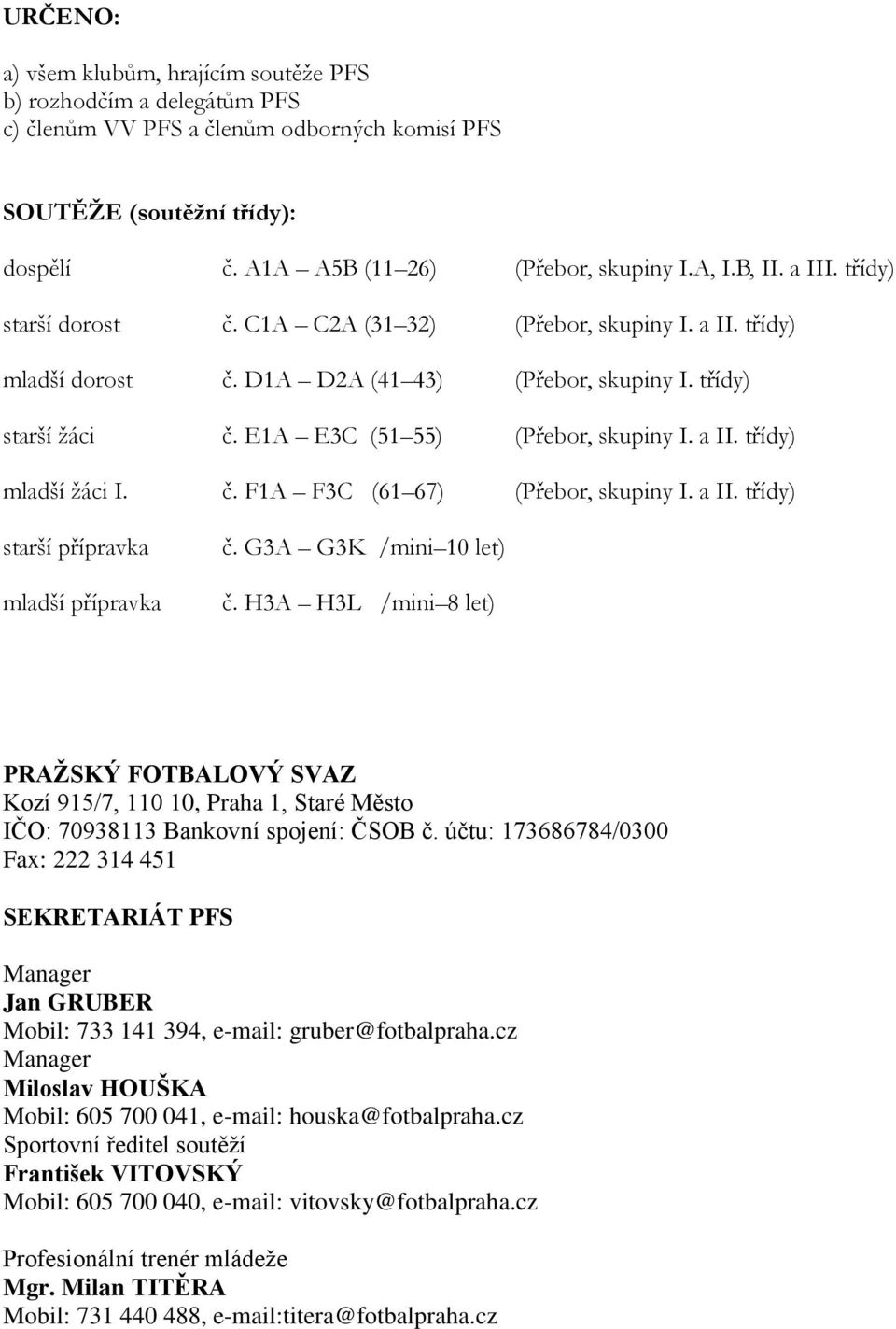 a II. třídy) mladší žáci I. č. F1A F3C (61 67) (Přebor, skupiny I. a II. třídy) starší přípravka mladší přípravka č. G3A G3K /mini 10 let) č.