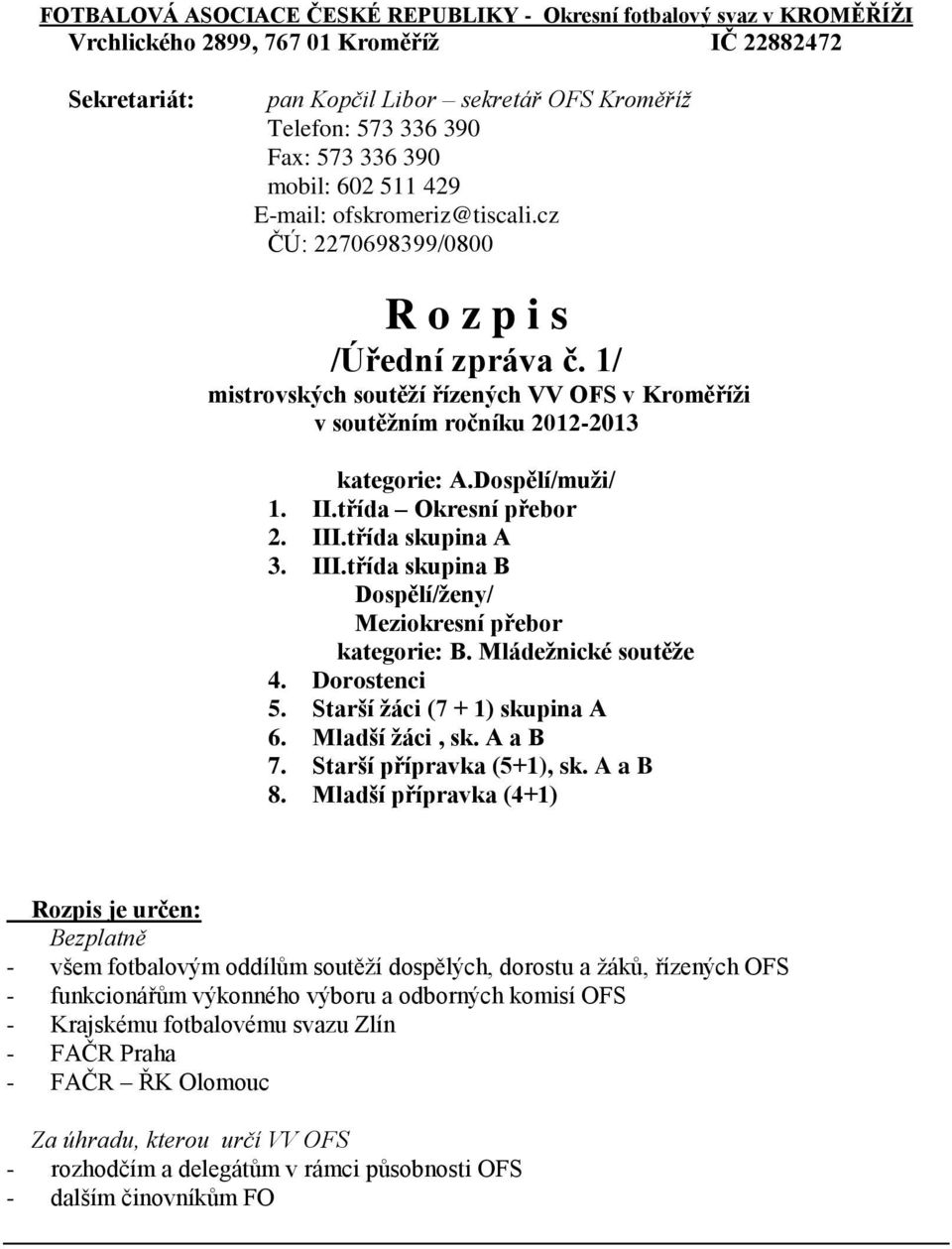 1/ mistrovských soutěží řízených VV OFS v Kroměříži v soutěžním ročníku 2012-2013 kategorie: A.Dospělí/muži/ 1. II.třída Okresní přebor 2. III.