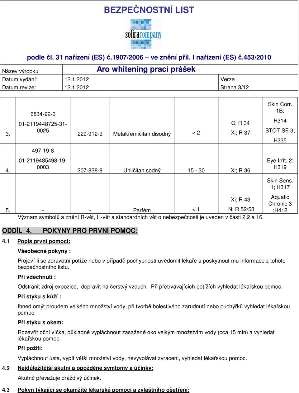 - - Parfém < 1 N; R 52/53 Význam symbolů a znění R-vět, H-vět a standardních vět o nebezpečnosti je uveden v části 2.2 a 16. ODDÍL 4.