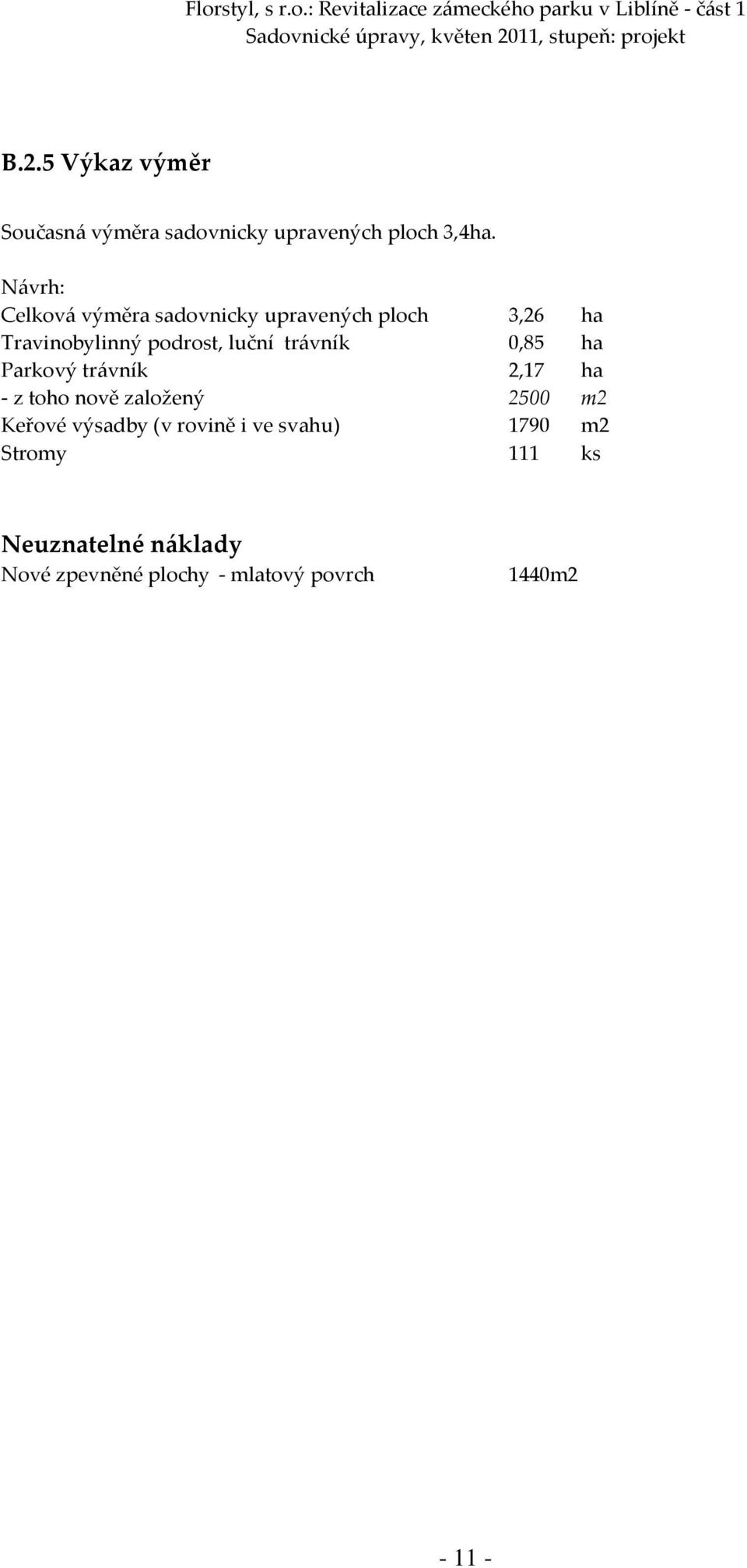 trávník 0,85 ha Parkový trávník 2,17 ha - z toho nově založený 2500 m2 Keřové výsadby (v