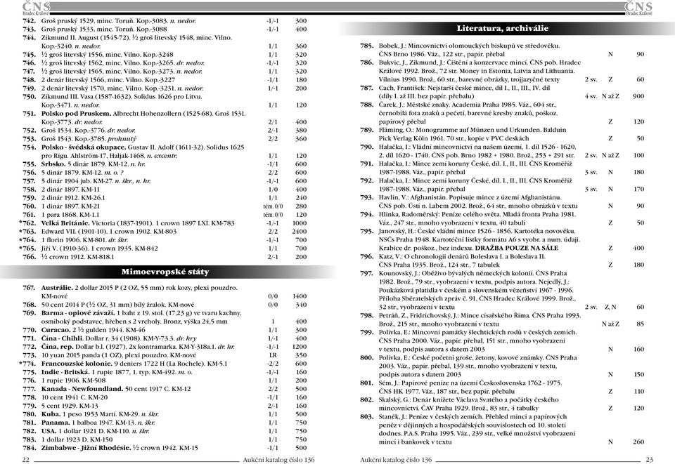 n. nedor. 1/1 320 748. 2 denár litevský 1566, minc. Vilno. Kop.-3227-1/1 180 749. 2 denár litevský 1570, minc. Vilno. Kop.-3231. n. nedor. 1/-1 200 750. Zikmund III. Vasa (1587-1632).