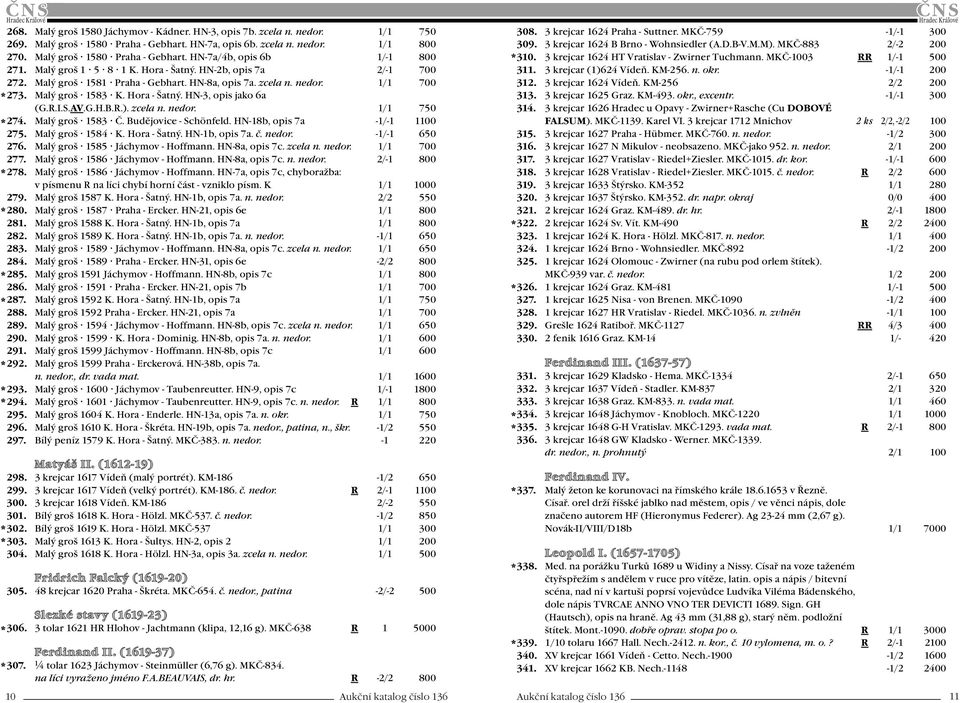 S.AV.G.H.B.R.). zcela n. nedor. 1/1 750 274. Malý groš 1583 Č. Budějovice - Schönfeld. HN-18b, opis 7a -1/-1 1100 275. Malý groš 1584 K. Hora - Šatný. HN-1b, opis 7a. č. nedor. -1/-1 650 276.
