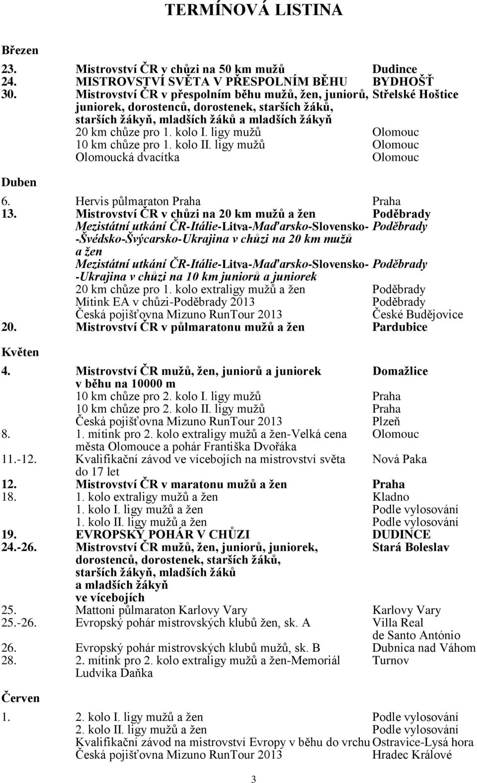ligy mužů Olomouc 10 km chůze pro 1. kolo II. ligy mužů Olomouc Olomoucká dvacítka Olomouc Duben 6. Hervis půlmaraton Praha Praha 13.