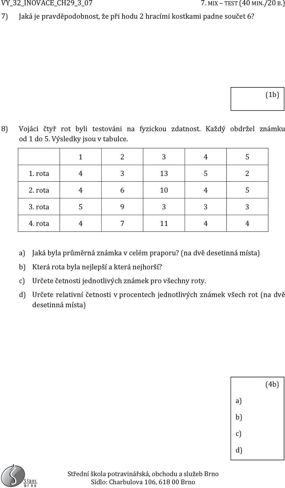 rota 4 7 11 4 4 a) Jaká byla průměrná známka v celém praporu? (na dvě desetinná místa) b) Která rota byla nejlepší a která nejhorší?