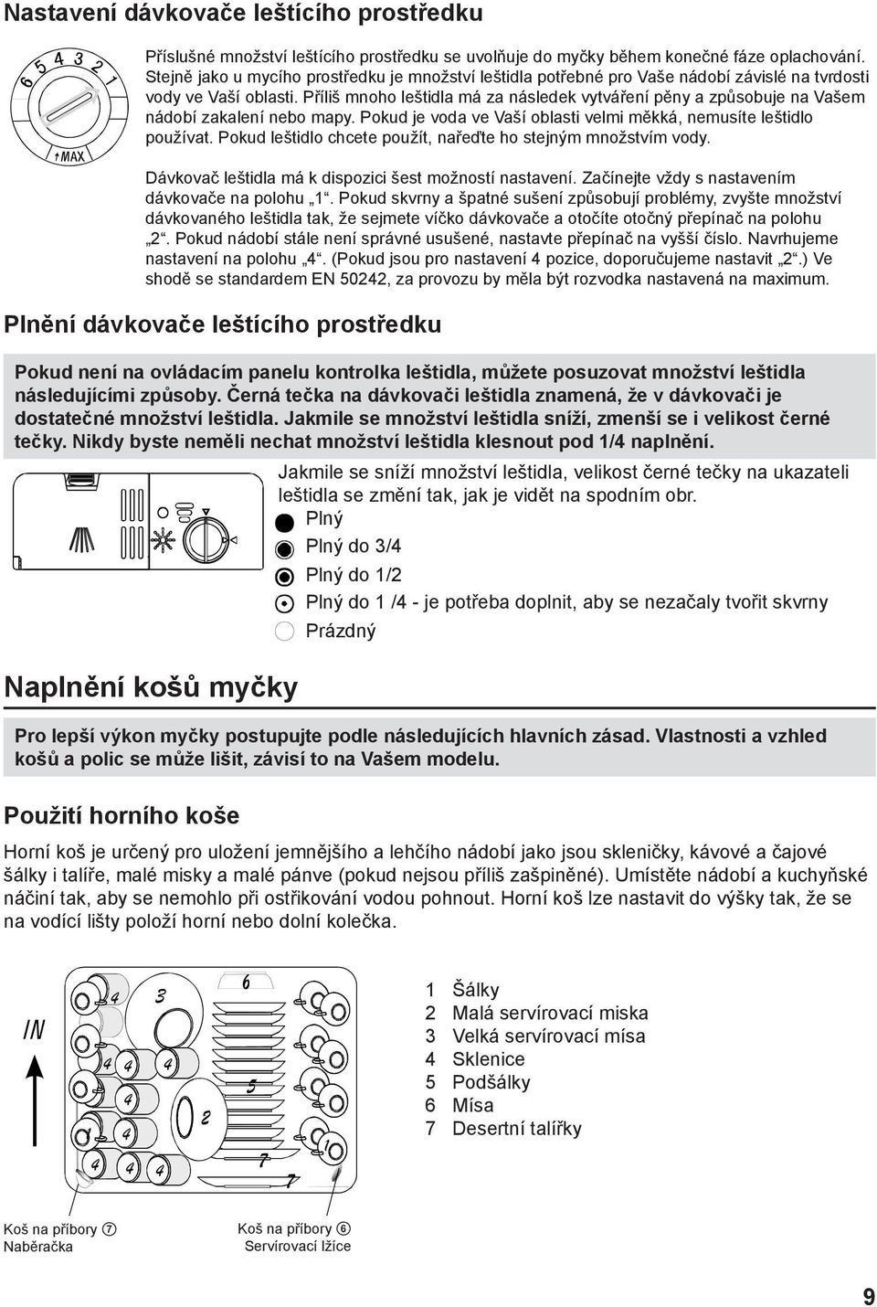 Příliš mnoho leštidla má za následek vytváření pěny a způsobuje na Vašem nádobí zakalení nebo mapy. Pokud je voda ve Vaší oblasti velmi měkká, nemusíte leštidlo používat.