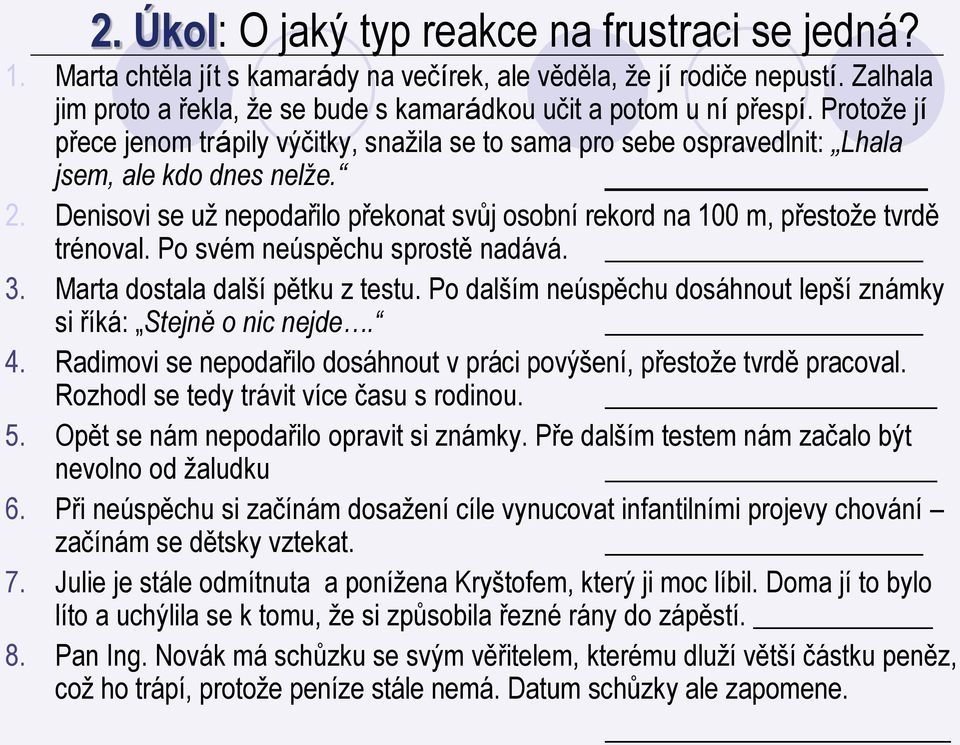 Denisovi se už nepodařilo překonat svůj osobní rekord na 100 m, přestože tvrdě trénoval. Po svém neúspěchu sprostě nadává. 3. Marta dostala další pětku z testu.