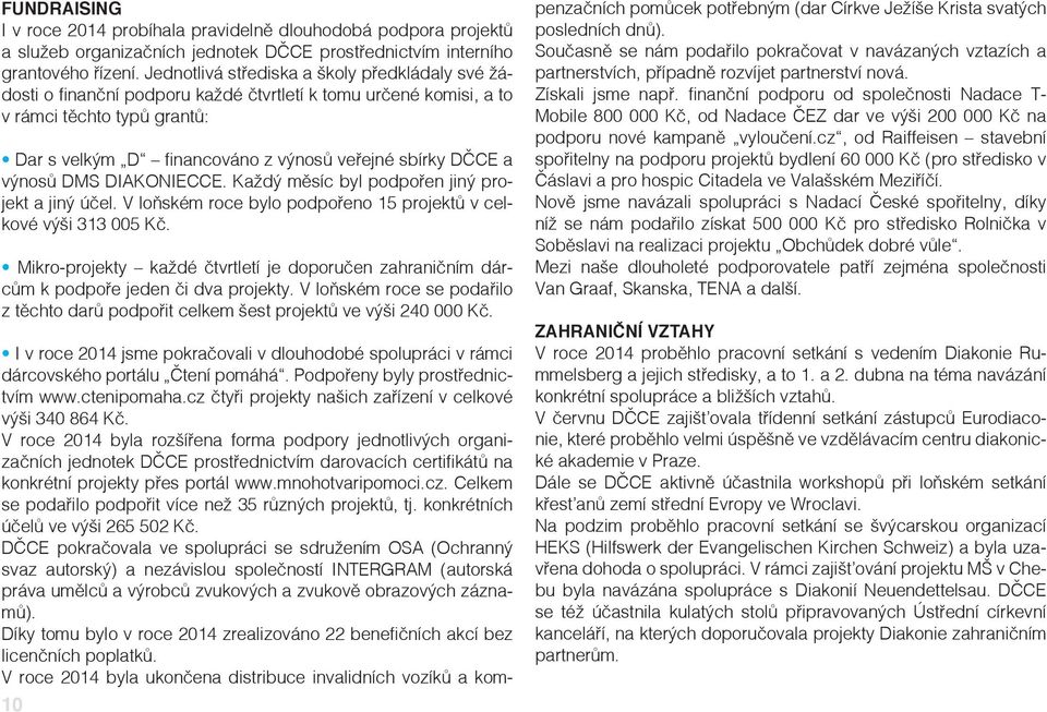 a výnosů DMS DIAKONIECCE. Každý měsíc byl podpořen jiný projekt a jiný účel. V loňském roce bylo podpořeno 15 projektů v celkové výši 313 005 Kč.