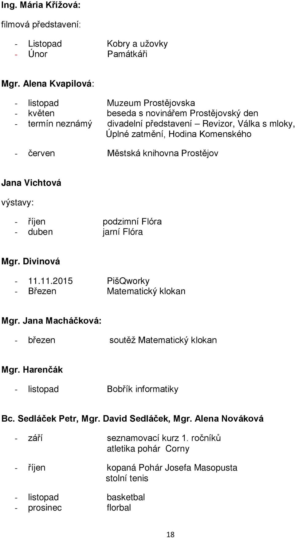 - červen Městská knihovna Prostějov Jana Vichtová výstavy: - říjen podzimní Flóra - duben jarní Flóra Mgr. Divinová - 11.11.2015 PišQworky - Březen Matematický klokan Mgr.