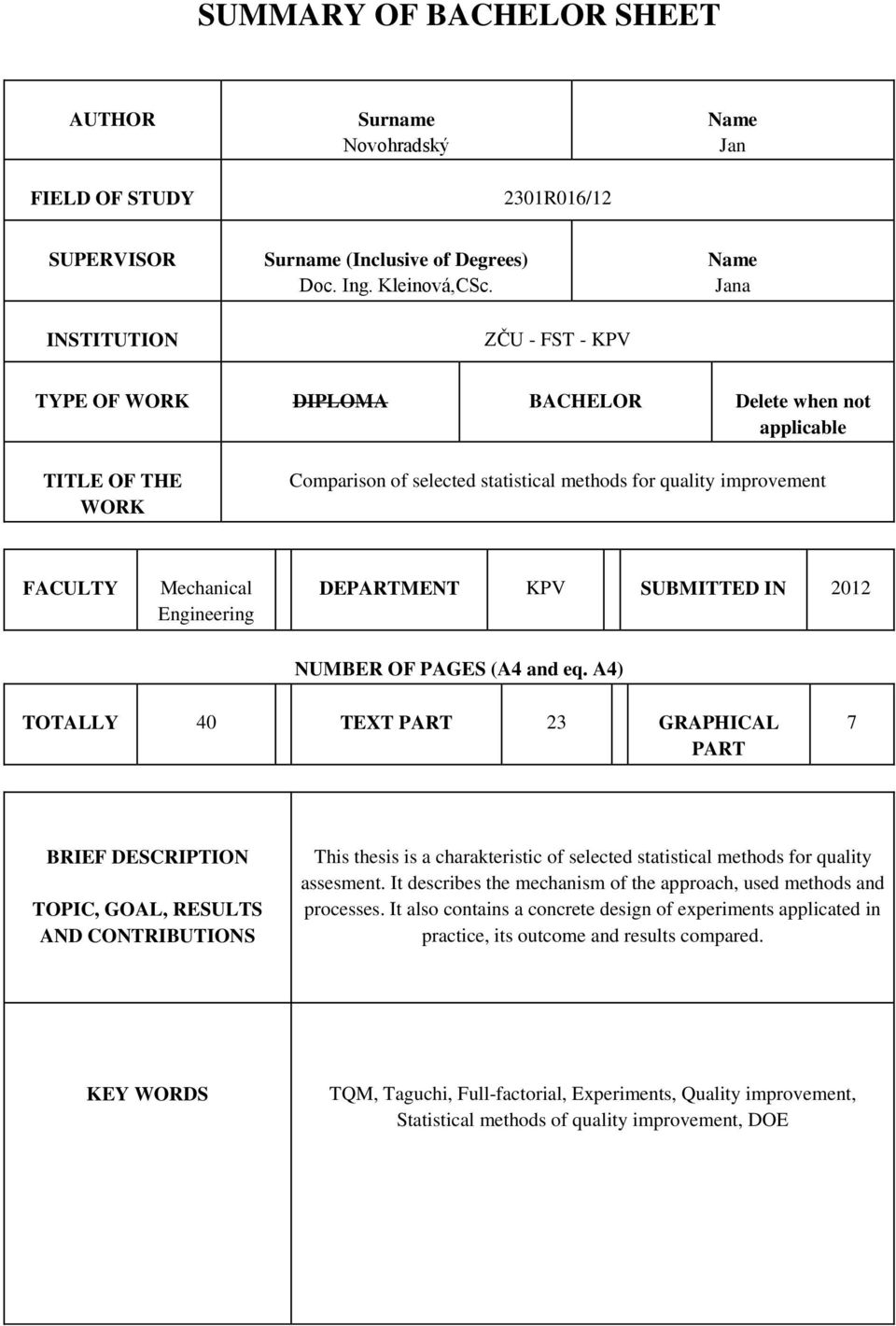 DEPARTMENT KPV SUBMITTED IN 2012 NUMBER OF PAGES (A4 and eq.