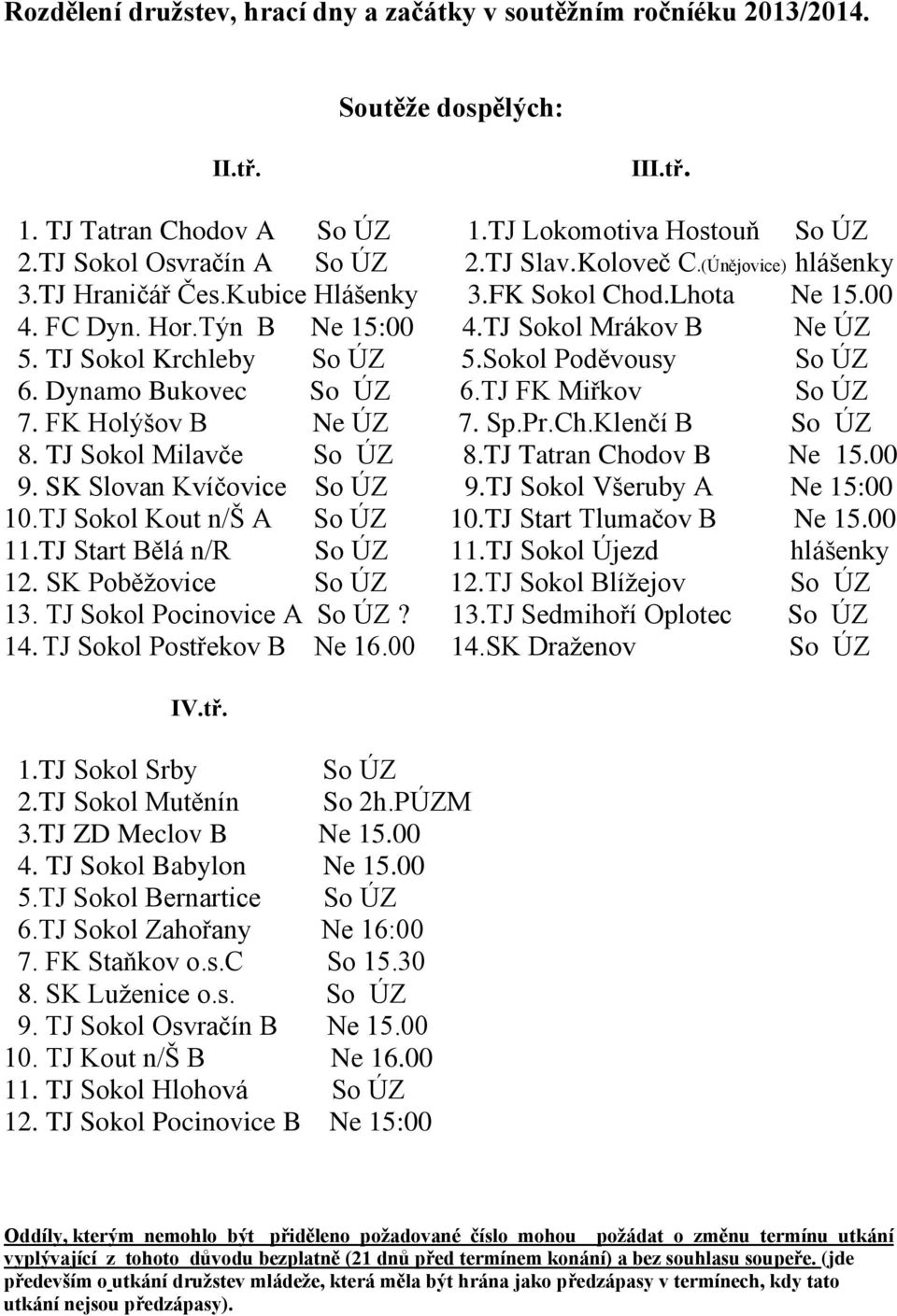 Sokol Poděvousy So ÚZ 6. Dynamo Bukovec So ÚZ 6.TJ FK Miřkov So ÚZ 7. FK Holýšov B Ne ÚZ 7. Sp.Pr.Ch.Klenčí B So ÚZ 8. TJ Sokol Milavče So ÚZ 8.TJ Tatran Chodov B Ne 15.00 9.
