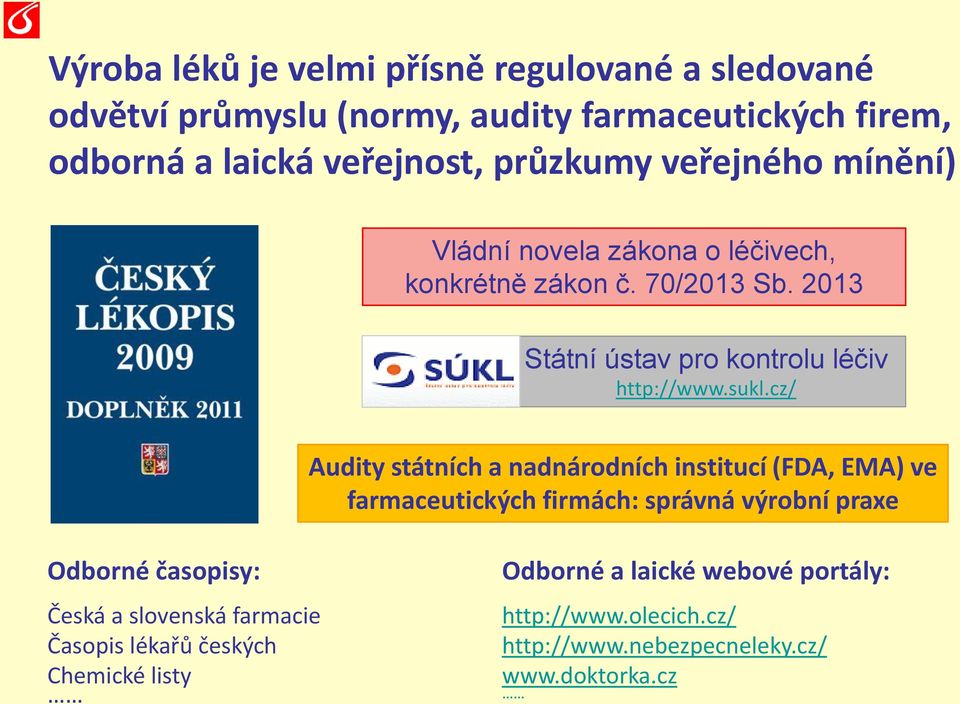 sukl.cz/ Audity státních a nadnárodních institucí (FDA, EMA) ve farmaceutických firmách: správná výrobní praxe Odborné časopisy: Česká a