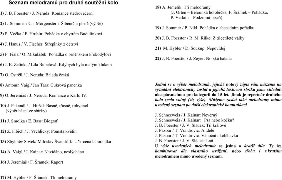 Zelinka / Lila Bubelová: Kdybych byla malým klukem 18) A. Jemelík: Tři melodramy (J. Orten Belounká holobička, F. Šrámek Pohádka, P. Verlain Podzimní píseň). 19) J. Sommer / P.