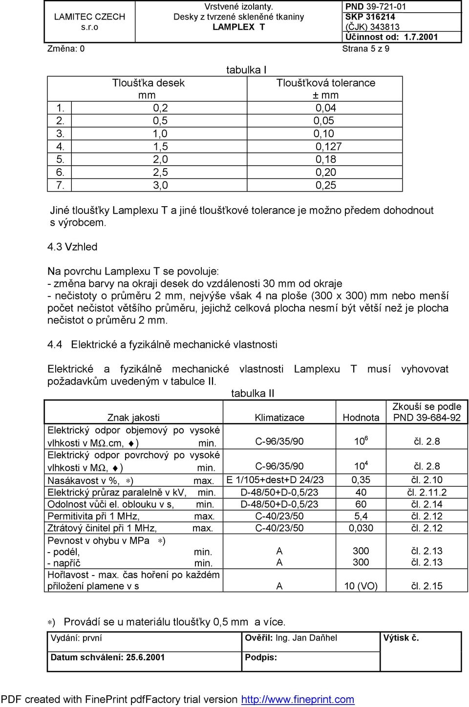 3 Vzhled Na povrchu Lamplexu T se povoluje: - změna barvy na okraji desek do vzdálenosti 30 mm od okraje - nečistoty o průměru 2 mm, nejvýše však 4 na ploše (300 x 300) mm nebo menší počet nečistot