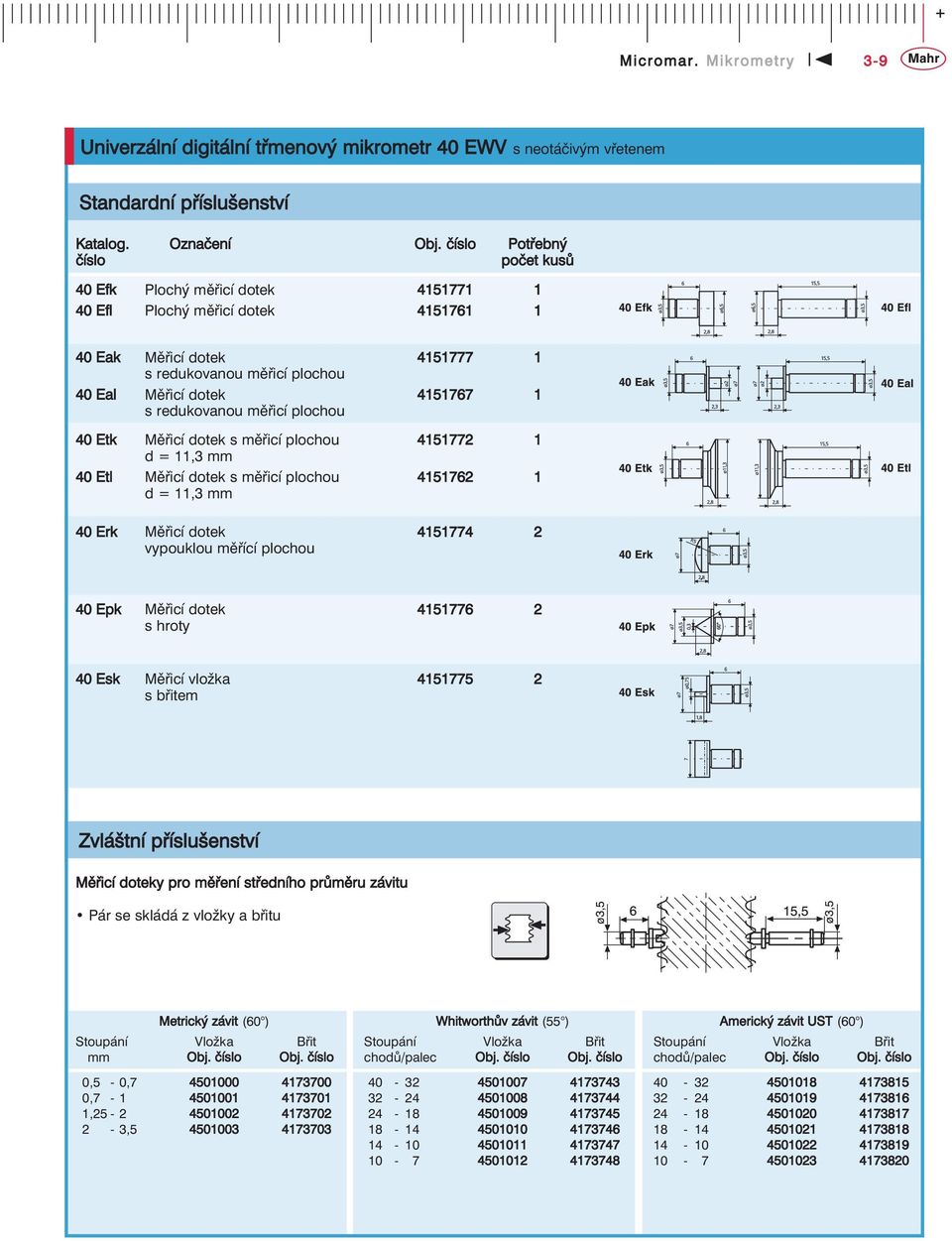 redukovanou měřicí plochou 40 Etk Měřicí dotek s měřicí plochou 4151772 1 d = 11,3 mm 40 Etl Měřicí dotek s měřicí plochou 4151762 1 d = 11,3 mm 40 Erk Měřicí dotek 4151774 2 vypouklou měřící plochou